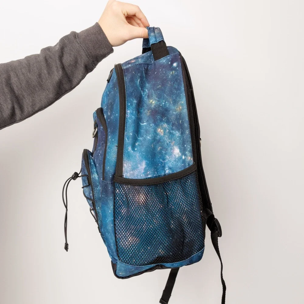 Large School Backpack Blue Universe Black Bottle Holders Laptop Front Pockets